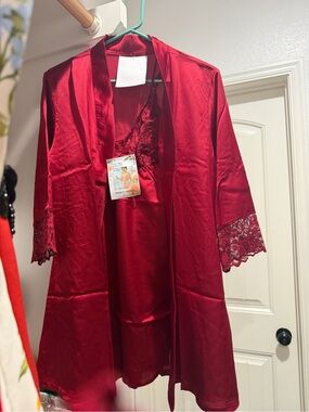 Satin Lace-Trim Robe & Chemise Set - Women's Intimates - Red